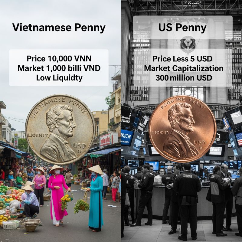 Biểu đồ so sánh tiêu chí cổ phiếu penny Việt Nam và Mỹ