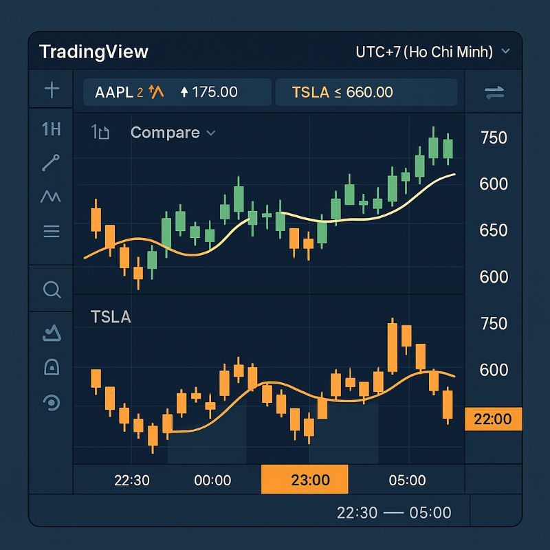 Màn hình TradingView cập nhật giá cổ phiếu Mỹ theo giờ Việt Nam