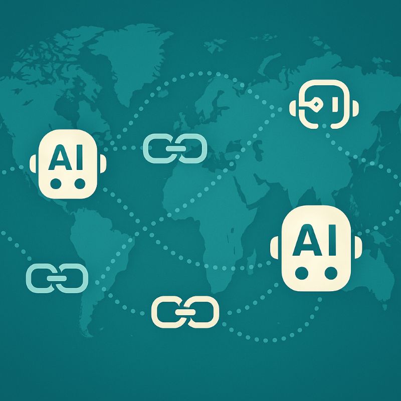 Minh họa bản đồ thế giới với biểu tượng AI và blockchain