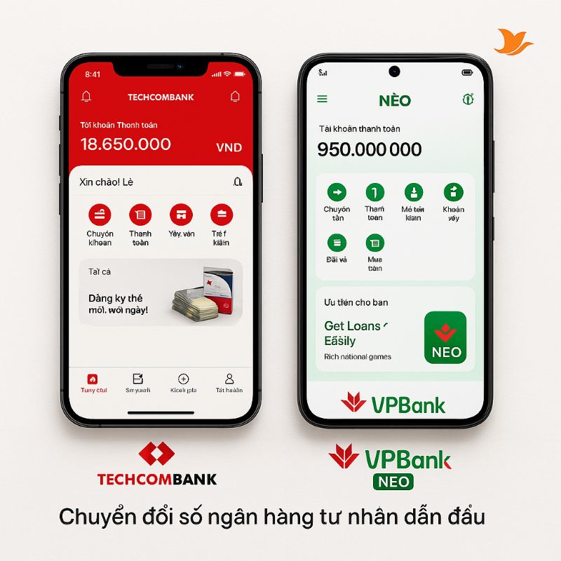 Minh họa màn hình ứng dụng ngân hàng số Techcombank và VPBank NEO