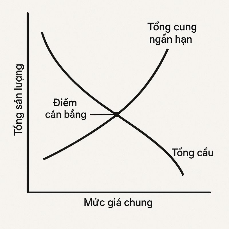 Đồ thị đường tổng cung ngắn hạn và tổng cầu giao nhau cân bằng