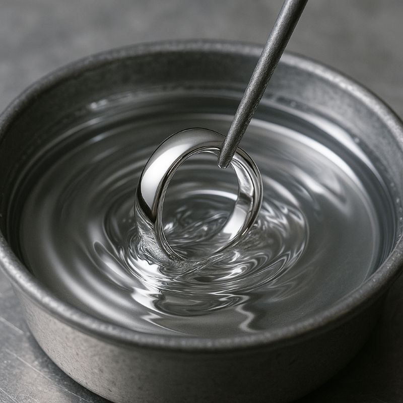 Trang sức vàng trắng được nhúng trong bể mạ rhodium phản chiếu sáng bóng