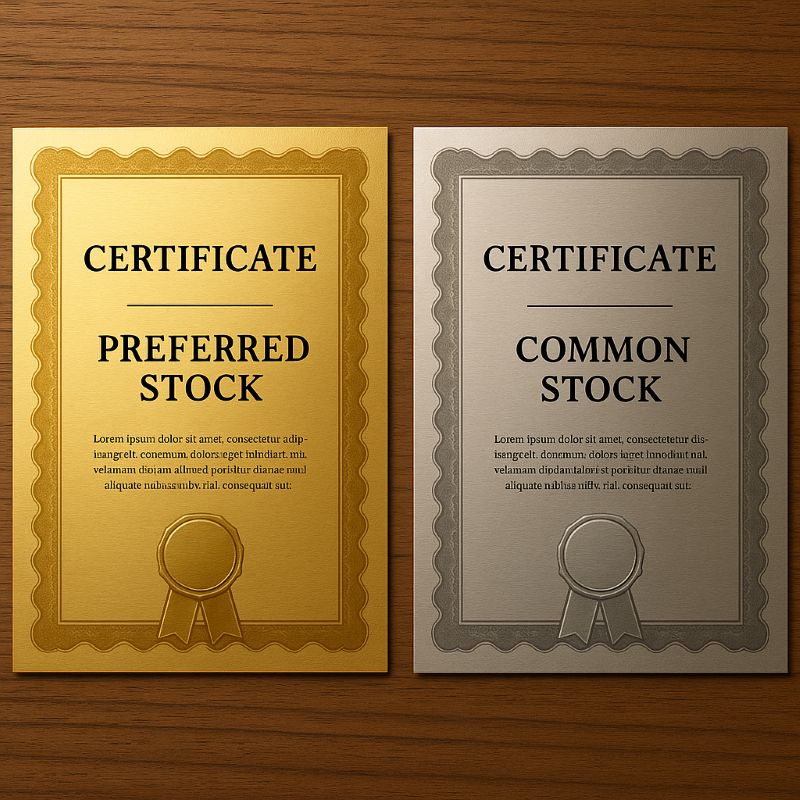 Cổ phiếu ưu đãi kim loại vàng đặt cạnh cổ phiếu thường bạc