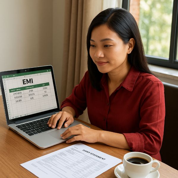 Người phụ nữ Việt tính toán khoản trả góp EMI hàng tháng trên laptop