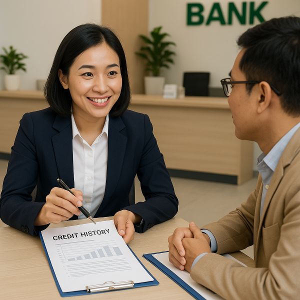 Nhân viên ngân hàng tư vấn nhóm nợ tín dụng cho khách hàng