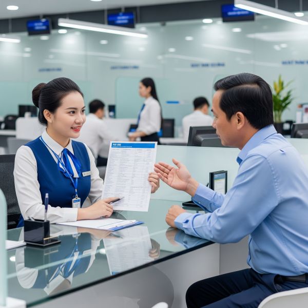 Giao dịch viên ngân hàng tư vấn phí trả nợ trước hạn cho khách hàng