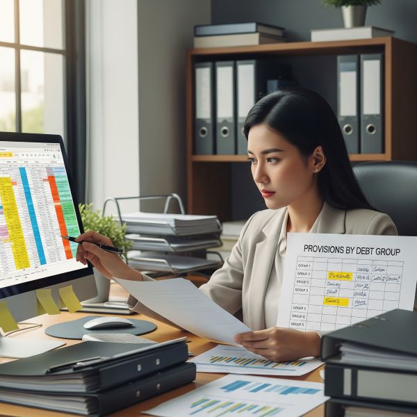 Kế toán viên kiểm tra bảng phân loại nợ để trích lập dự phòng