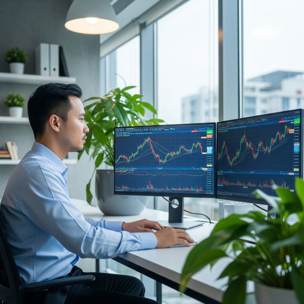 Nhà đầu tư Việt theo dõi dòng tiền và thị trường chứng khoán trên màn hình