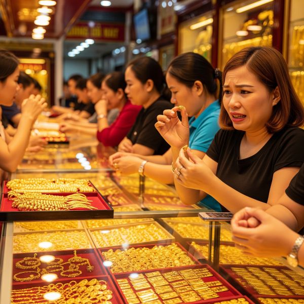 Người phụ nữ Việt mua vàng tại cửa hàng trong lúc giá tăng cao