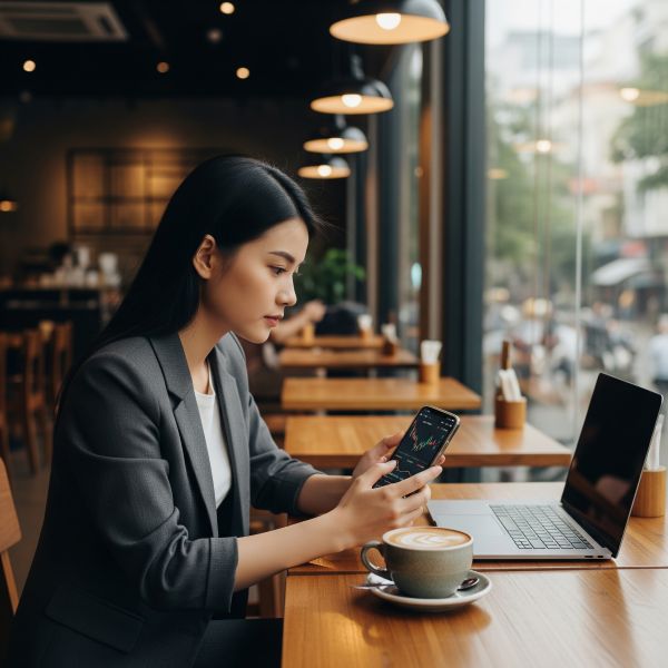 Nhà đầu tư trẻ Việt kiểm tra danh mục chứng khoán trên điện thoại