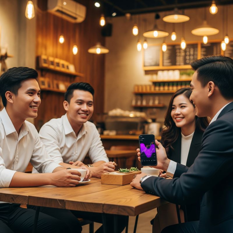 Nhóm bạn trẻ Việt bàn luận về cổ phiếu tím trong quán cà phê
