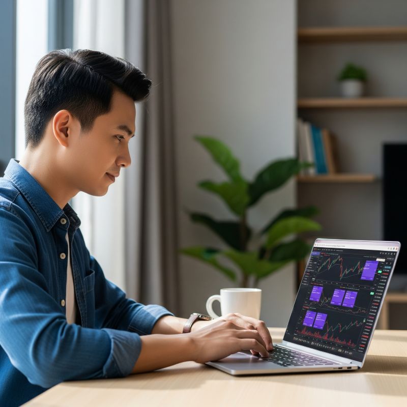 Nhà đầu tư trẻ Việt theo dõi cổ phiếu đạt giá trần trên laptop