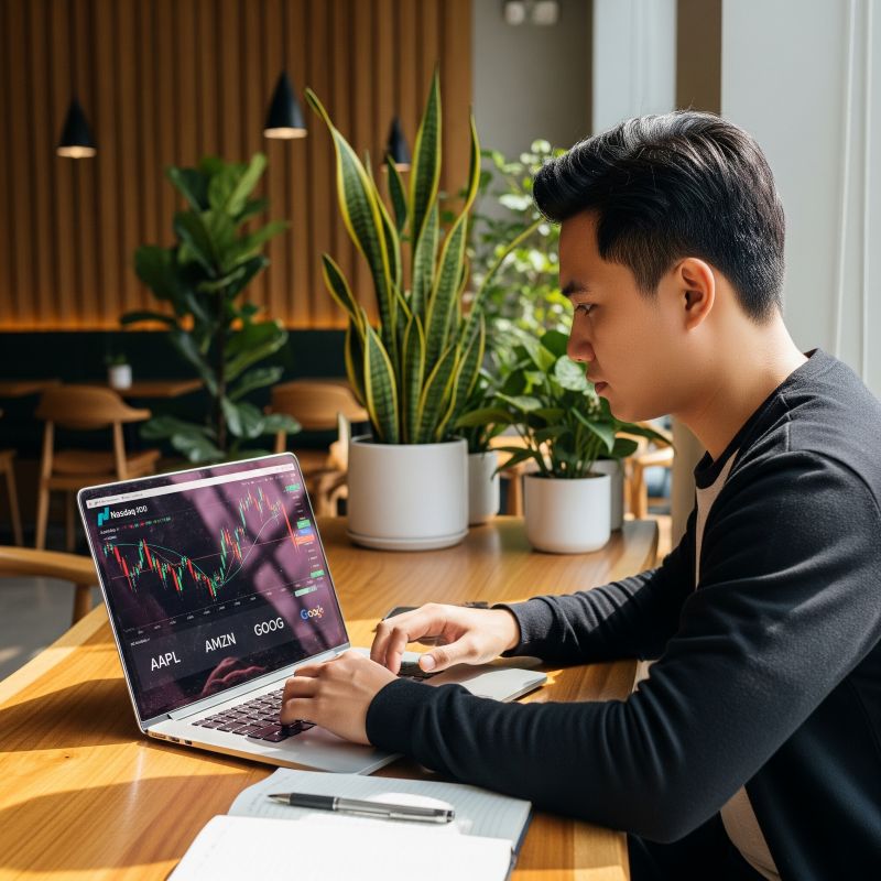 Nhà đầu tư Việt nghiên cứu chỉ số Nasdaq-100 tại quán cà phê