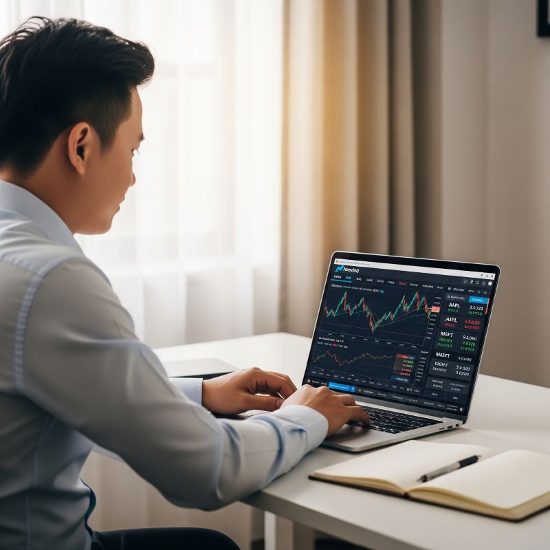 Nhà đầu tư Việt đặt lệnh cổ phiếu Nasdaq trên laptop tại nhà