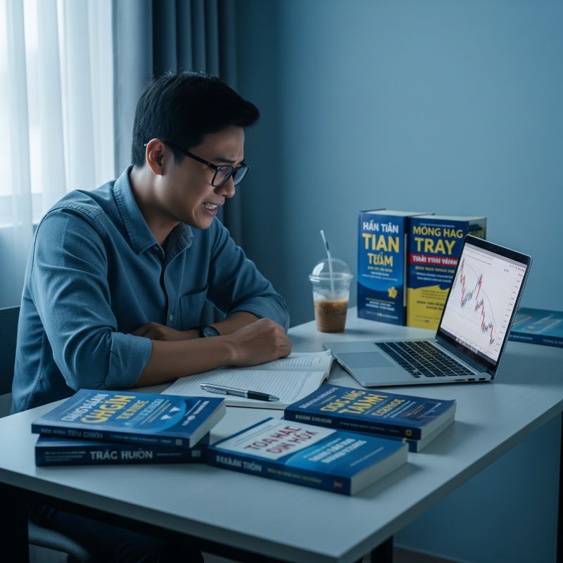 Nhà đầu tư lo lắng nhìn biểu đồ cổ phiếu lao dốc mạnh trên màn hình laptop
