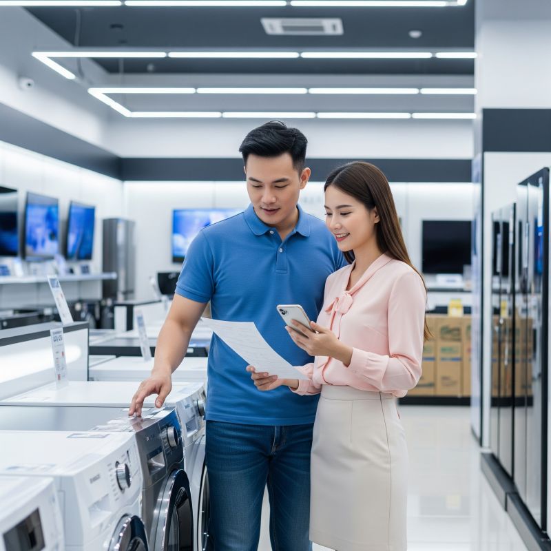 Cặp đôi Việt cân nhắc mua thiết bị gia dụng tại cửa hàng điện máy