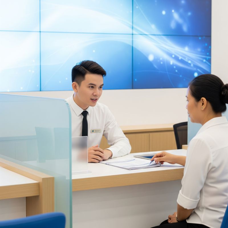Nhân viên ngân hàng tư vấn lãi suất cho khách hàng Việt Nam