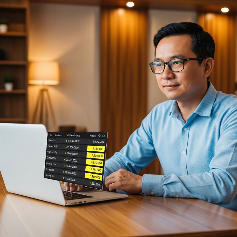Nhà đầu tư Việt Nam xem bảng giá cổ phiếu có giá màu vàng trên laptop