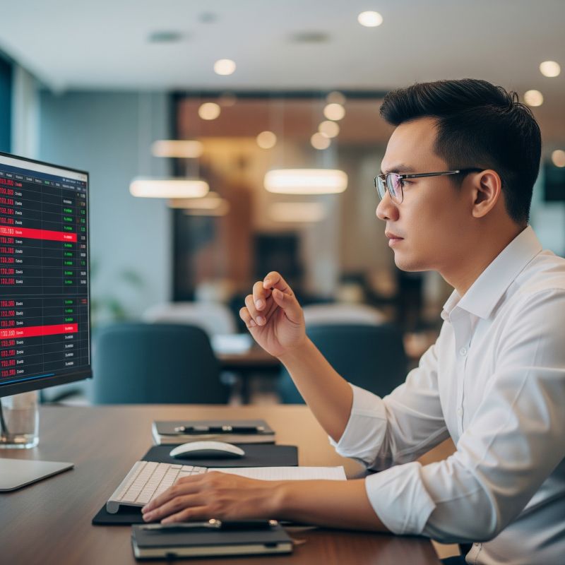Nhà đầu tư Việt Nam quan sát bảng giá chứng khoán đầy mã màu đỏ