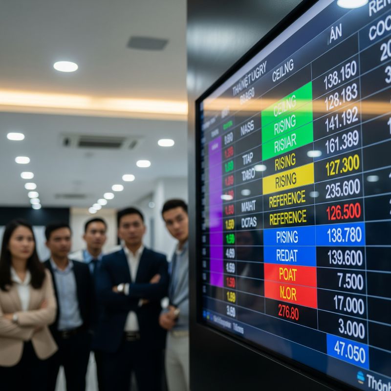 Bảng giá chứng khoán hiển thị đầy đủ năm màu sắc cổ phiếu