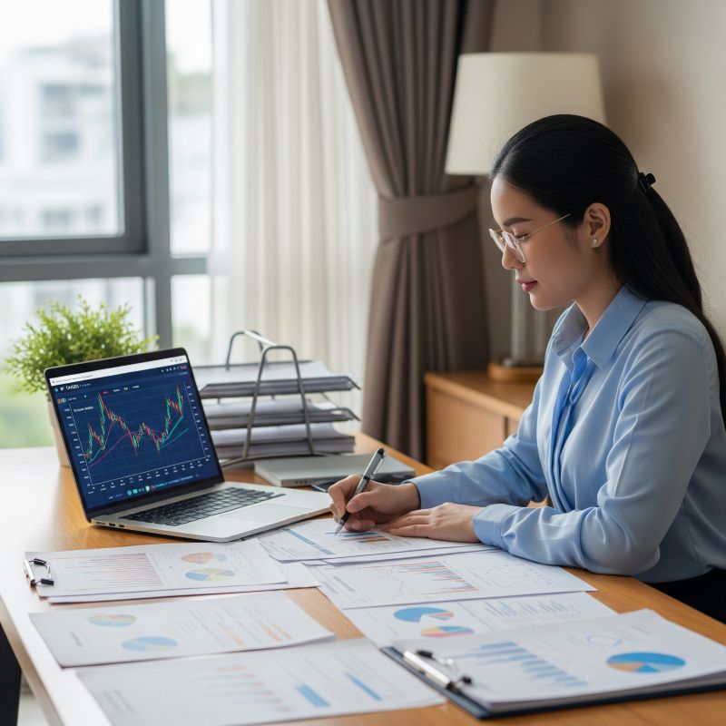 Nhà đầu tư phân tích chỉ số VN-Index bằng tài liệu và máy tính