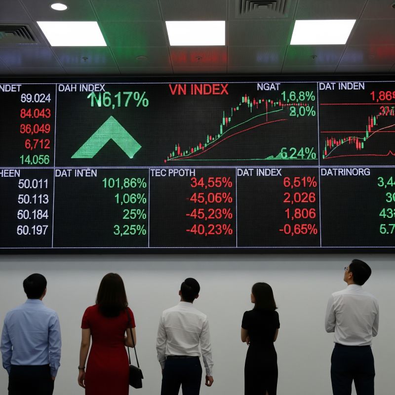 Bảng điện tử hiển thị chỉ số VN Index và biến động thị trường