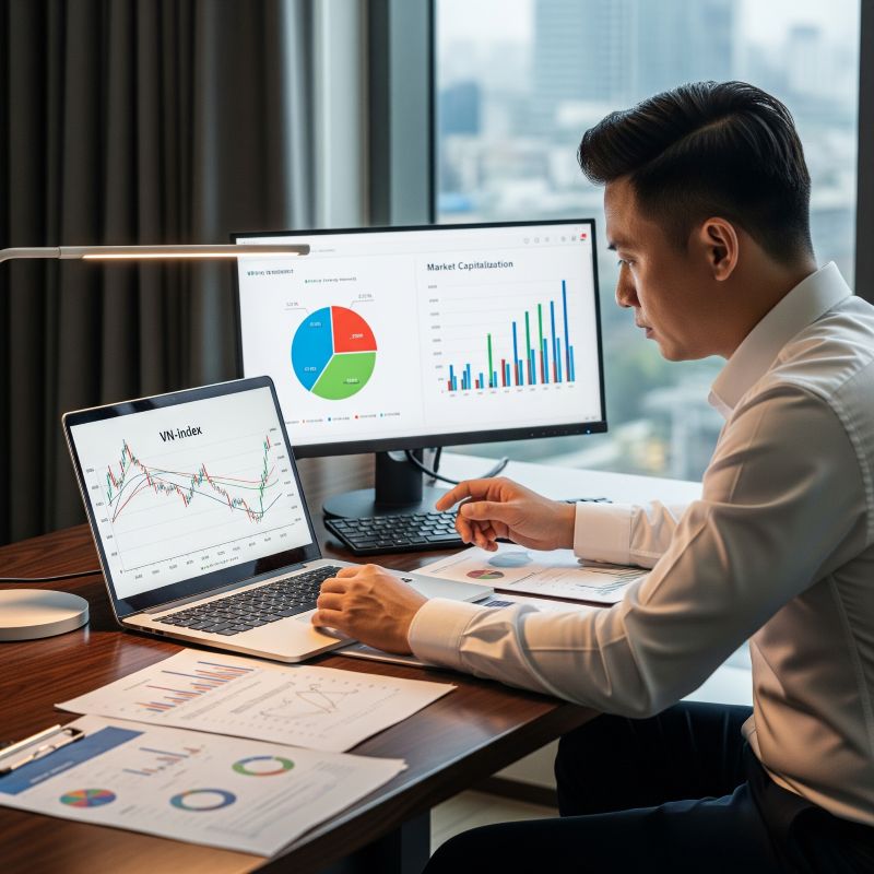 Nhà đầu tư phân tích giá trị vốn hóa gắn với biến động VN-Index