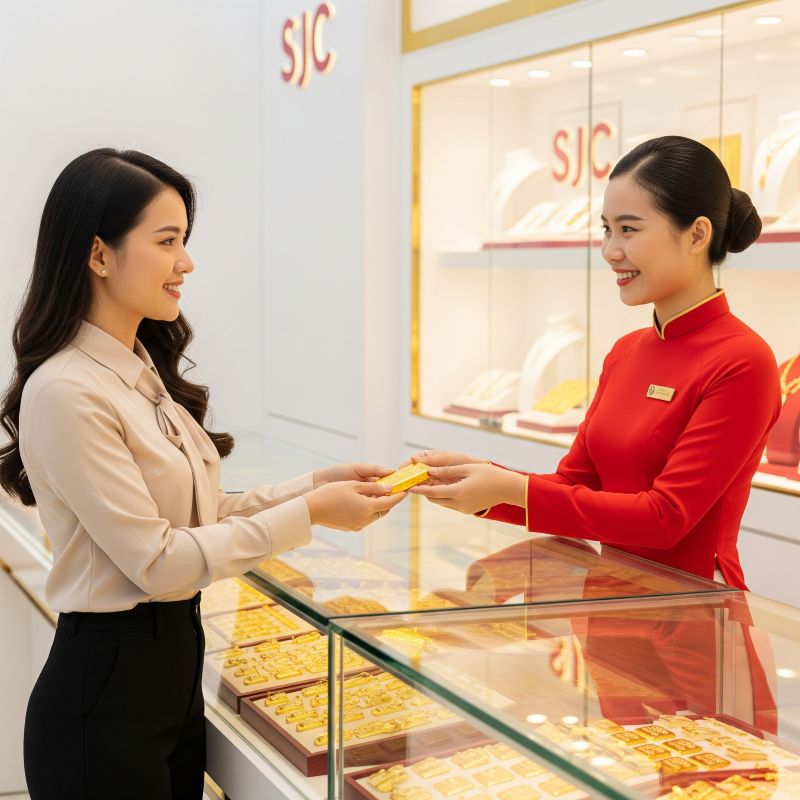 Khách hàng mua vàng miếng tại cửa hàng SJC uy tín