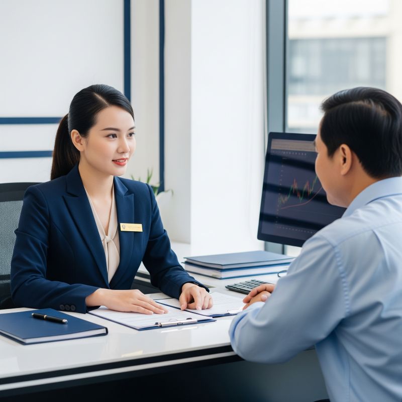 Tư vấn viên công ty chứng khoán hỗ trợ khách hàng trực tiếp tại quầy