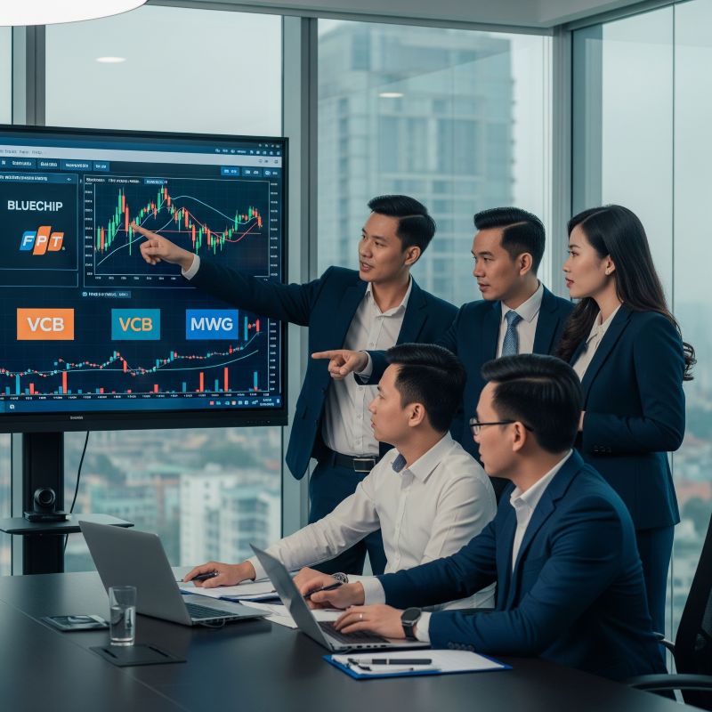Chuyên gia tài chính Việt thảo luận cổ phiếu Bluechip trong phòng họp hiện đại