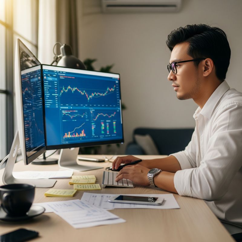 Nhà đầu tư Việt trẻ phân tích cổ phiếu trên màn hình máy tính tại nhà