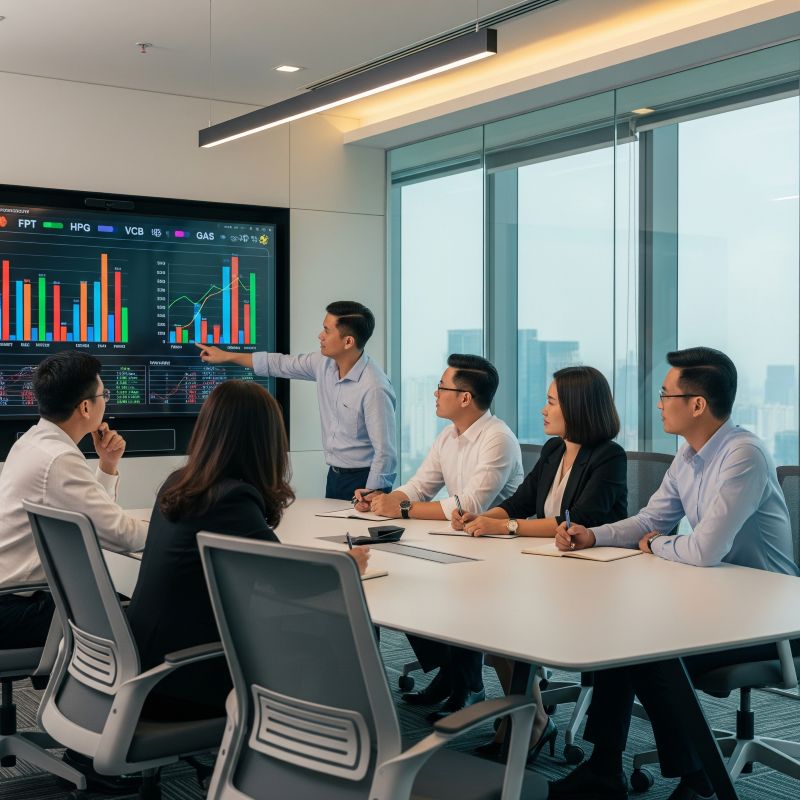 Nhà đầu tư Việt phân tích chỉ số cổ phiếu tiềm năng trên màn hình lớn