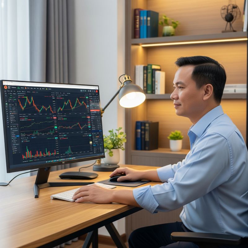 Nhà đầu tư trung niên người Việt phân tích cổ phiếu blue chip trên máy tính