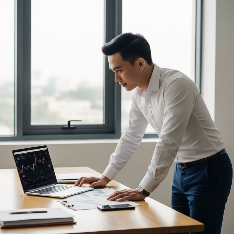 Nhà đầu tư Việt phân tích cổ phiếu dài hạn trên laptop hiện đại