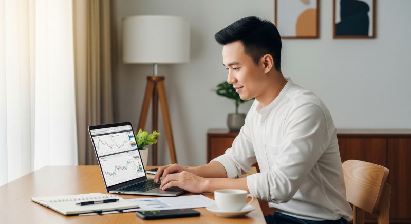 Nhà đầu tư Việt nghiên cứu cổ phiếu tích sản tại bàn làm việc tại nhà