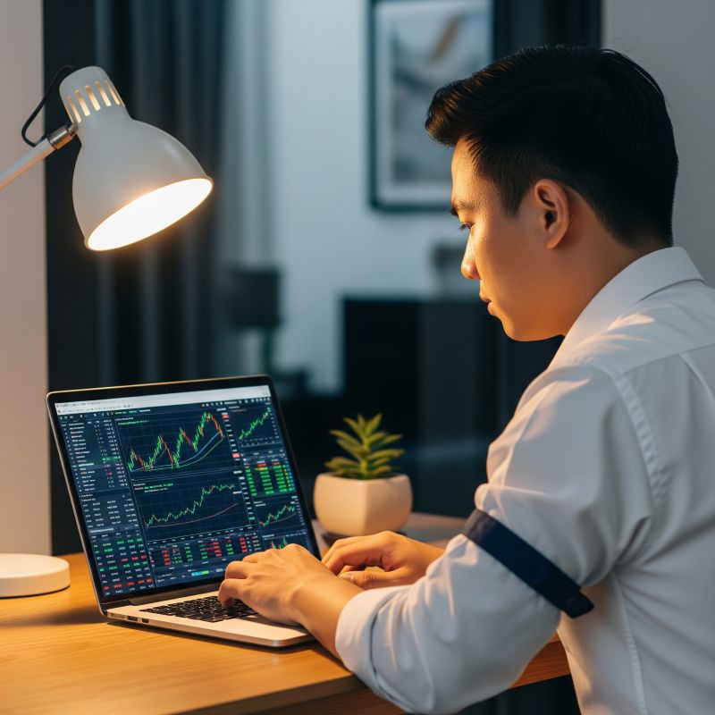 Nhà đầu tư trẻ nghiên cứu cổ phiếu penny trên máy tính cá nhân