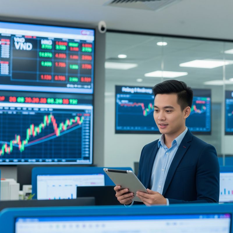 Nhà đầu tư trẻ Việt Nam theo dõi mã cổ phiếu tại văn phòng chứng khoán
