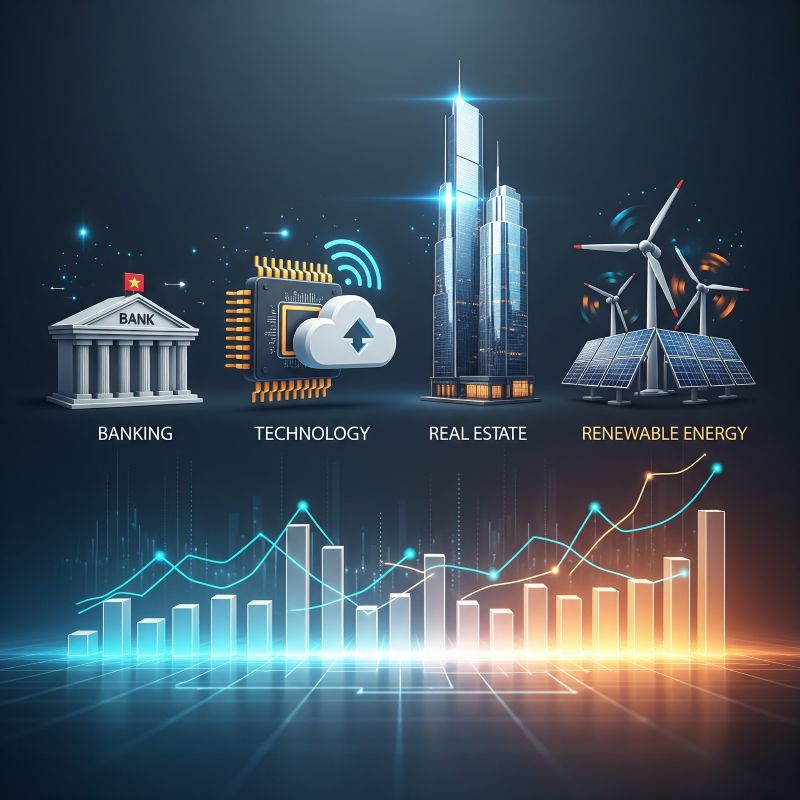 Biểu tượng ngành kinh tế Việt Nam hiển thị cùng biểu đồ tăng trưởng năm 2025