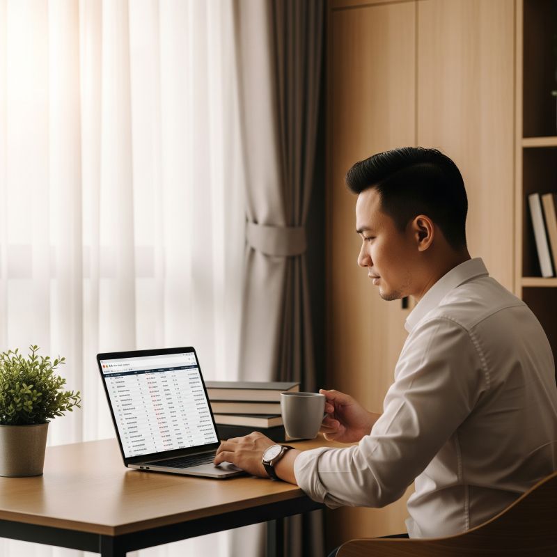 Nhà đầu tư Việt Nam xem danh sách cổ phiếu tiềm năng năm 2025 trên laptop