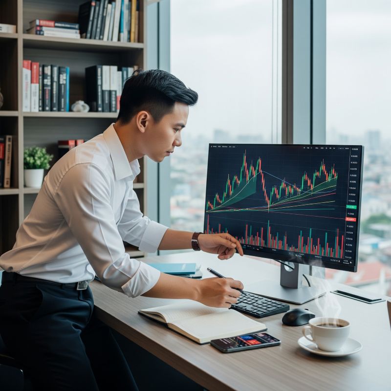 Nhà đầu tư Việt đang phân tích biểu đồ cổ phiếu trong văn phòng hiện đại