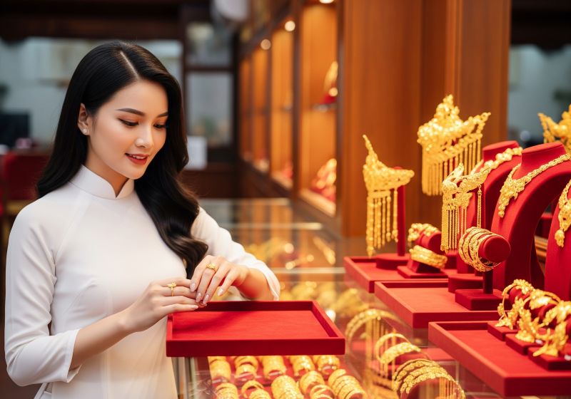Cô gái Việt thử nhẫn vàng ta trong tiệm vàng truyền thống