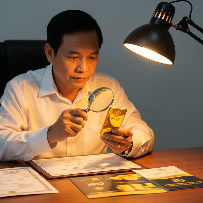 Người Việt kiểm tra vàng miếng 9999 dưới kính lúp