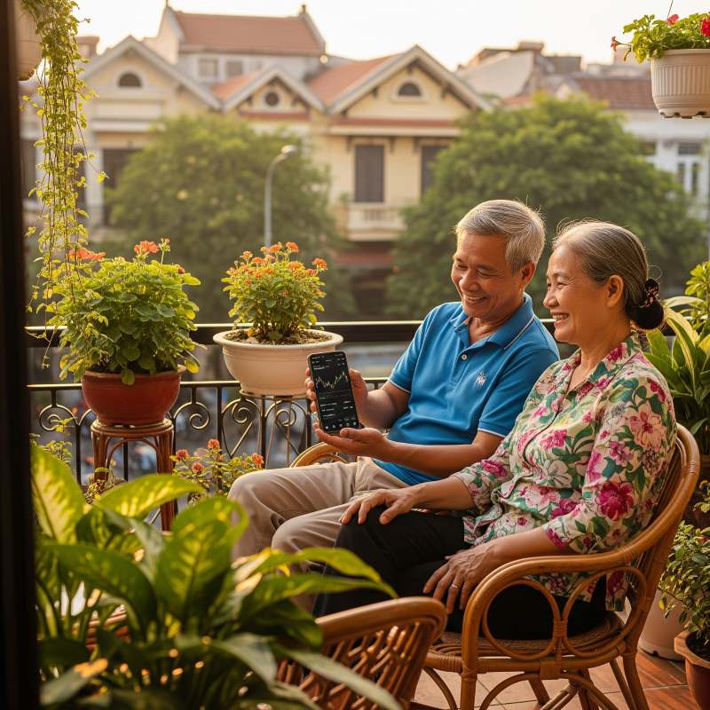 Cặp đôi Việt lớn tuổi vui vẻ kiểm tra cổ tức trên điện thoại