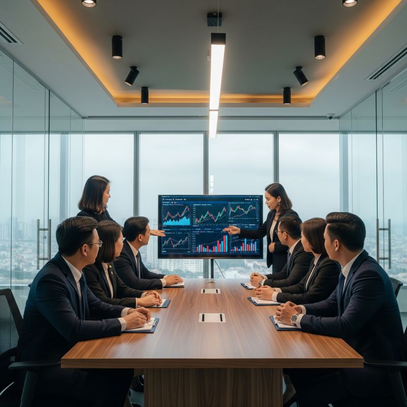 Nhà đầu tư Việt Nam thảo luận về cổ phiếu công nghệ tại văn phòng hiện đại