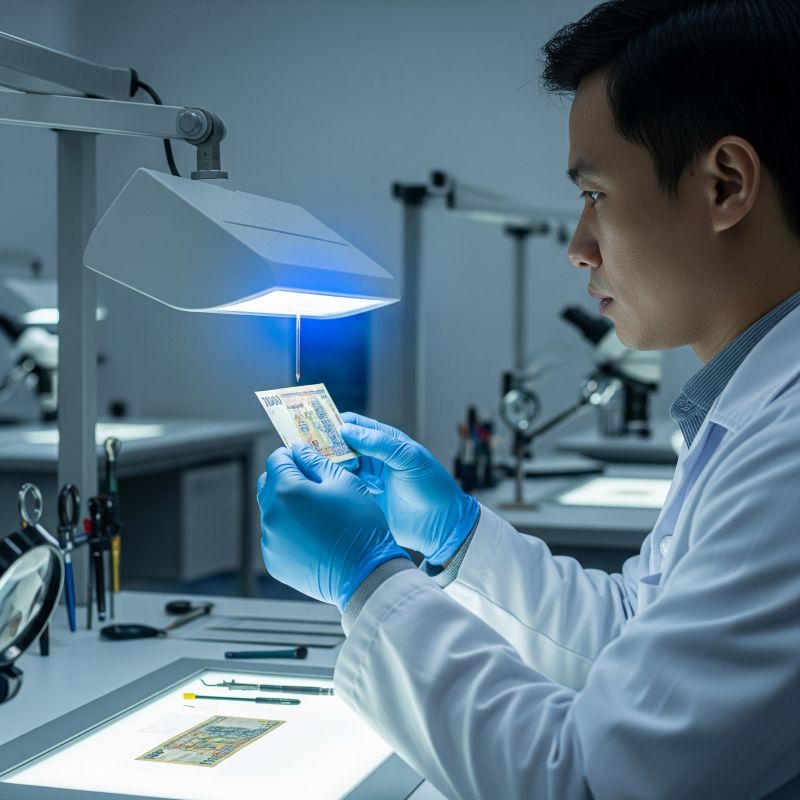 Kiểm tra chất lượng tờ tiền polymer dưới ánh sáng chuyên dụng