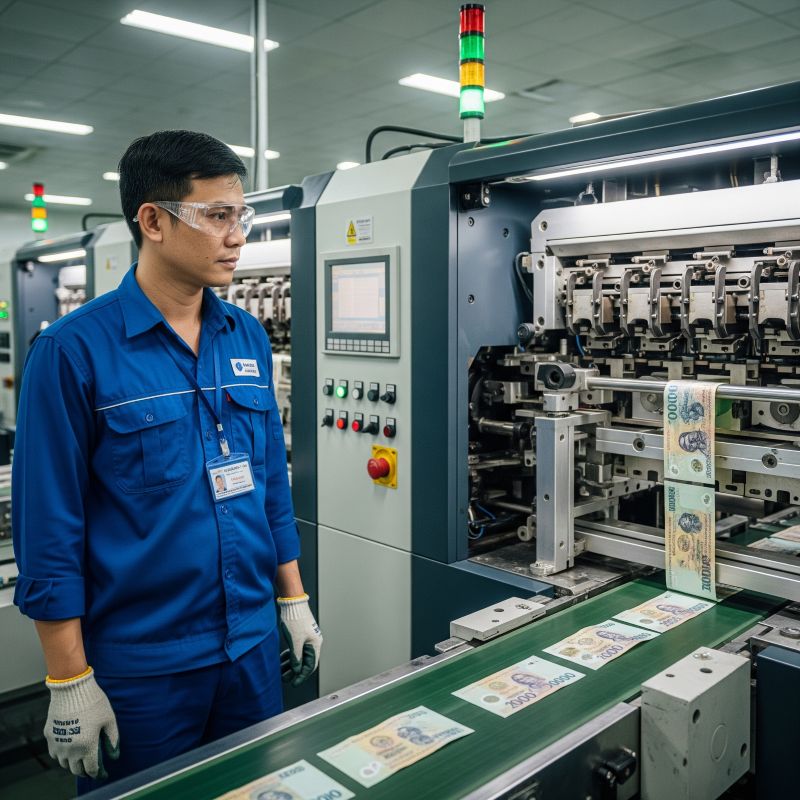 Công nhân Việt giám sát dây chuyền in tiền polymer hiện đại