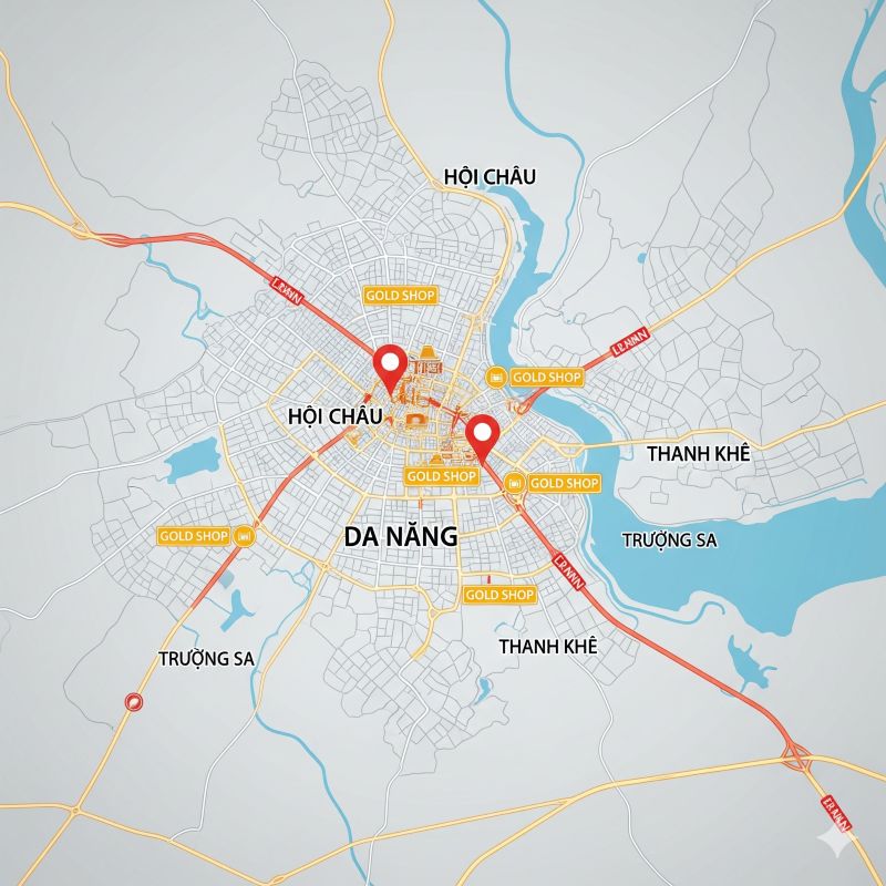 Bản đồ Đà Nẵng hiển thị vị trí các tiệm vàng uy tín với biểu tượng vàng