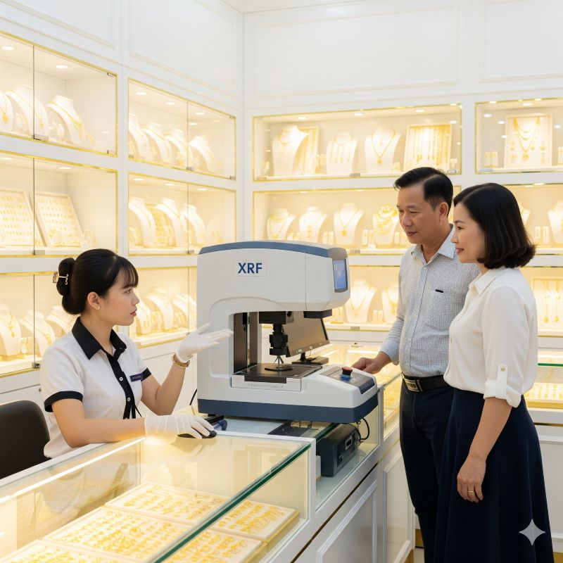 Nhân viên tiệm vàng dùng máy XRF kiểm định vàng trước mặt khách hàng
