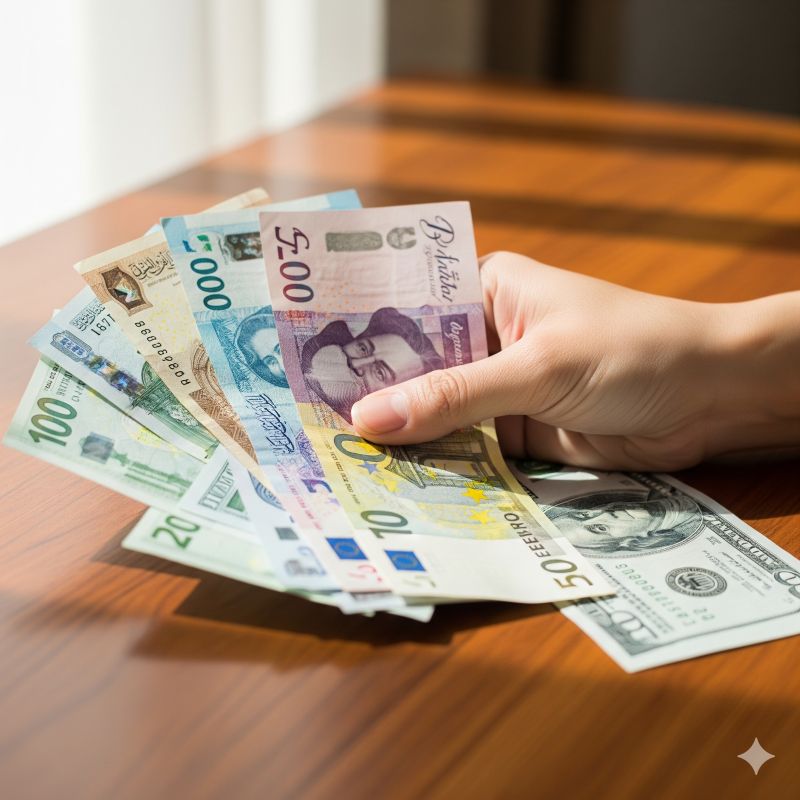 Người Việt cầm nhiều loại tiền quốc tế trên bàn gỗ