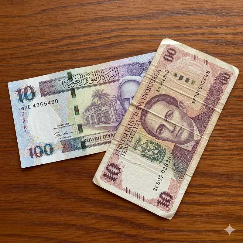 So sánh đồng Dinar Kuwait và Bolivar Venezuela trên bàn gỗ